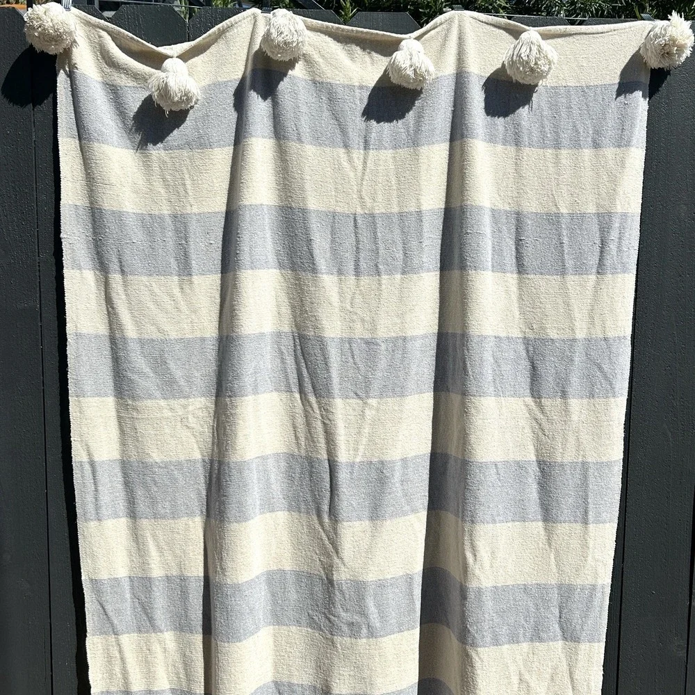 Anthropologie Nayland Boho Pom‎ Pom Throw Blanket 44X46 Coastal Stripe Tassel